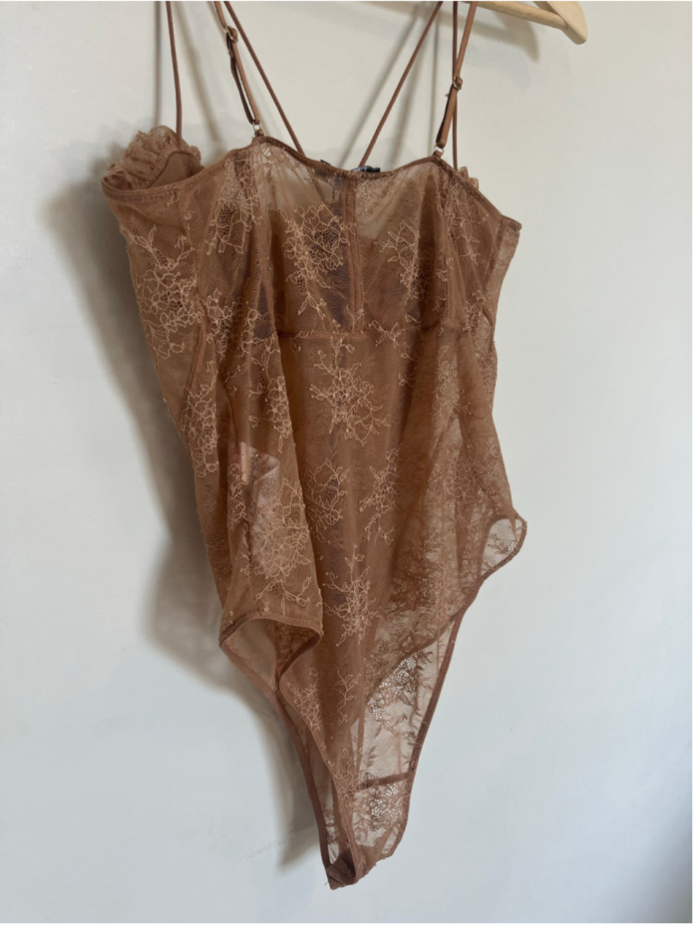 Zara Lace Bodysuit Beige Tan Festival Going Out Sheer Lingerie Frills Ruffles - Picture 6 of 8